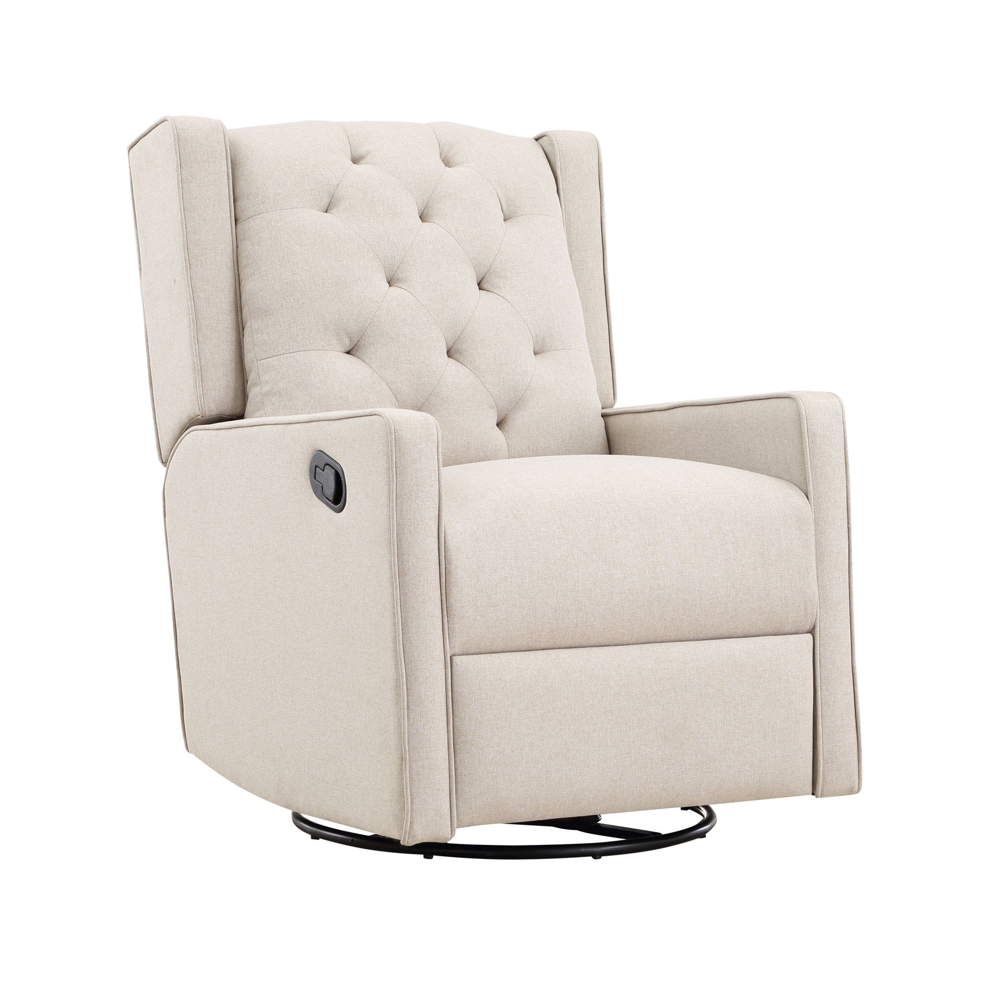 The Milah Gliding Swivel Recliner Tufted features beige upholstery, a button-tufted back, padded armrests, a swivel base, and a side lever for easy reclining.