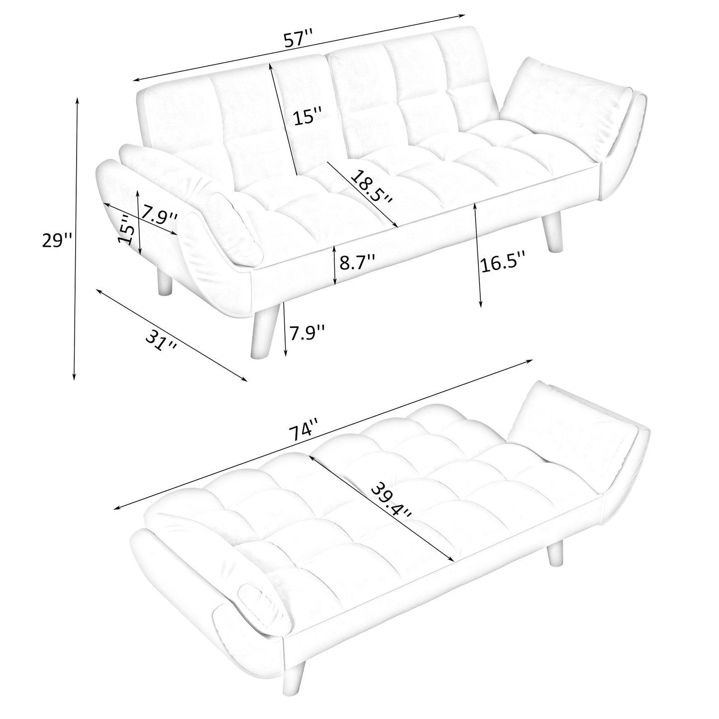 Line drawing of the Sofa Soft Two Armrests, with dimensions: sofa—57" wide, 29" high, seat 31" deep, cushions 15" high; multiple depths (7.9", 8.7", 16.5"); bed—74" long by 39.4" wide; fits apartments and small spaces.