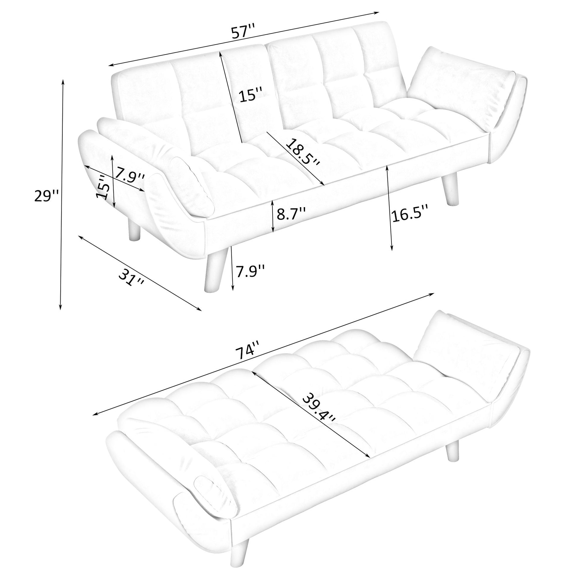 Line drawing of the Sofa Soft Two Armrests, with dimensions: sofa—57" wide, 29" high, seat 31" deep, cushions 15" high; multiple depths (7.9", 8.7", 16.5"); bed—74" long by 39.4" wide; fits apartments and small spaces.