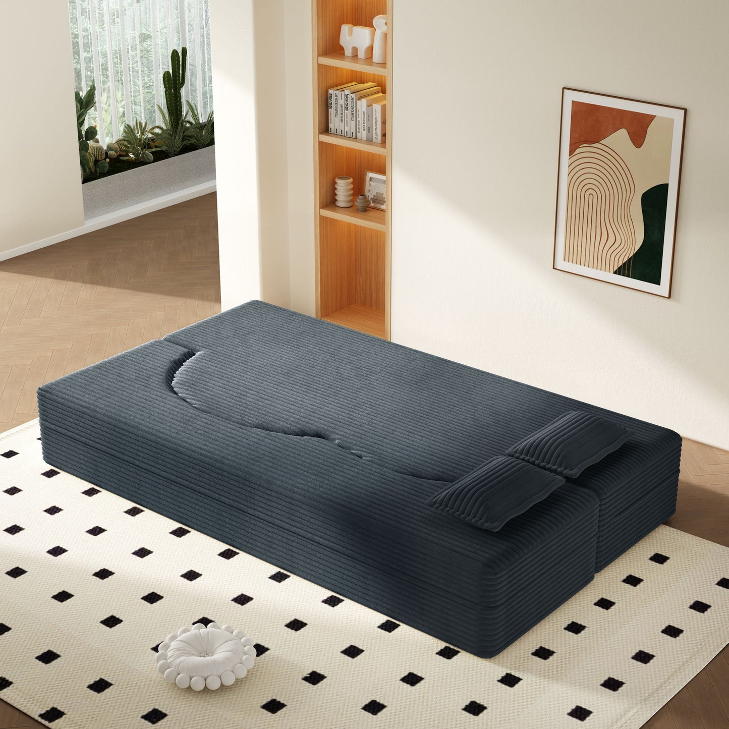 Modern Floor Sofa With 2 Pillows, Convertible Twin Size Folding Mattress For Living Room