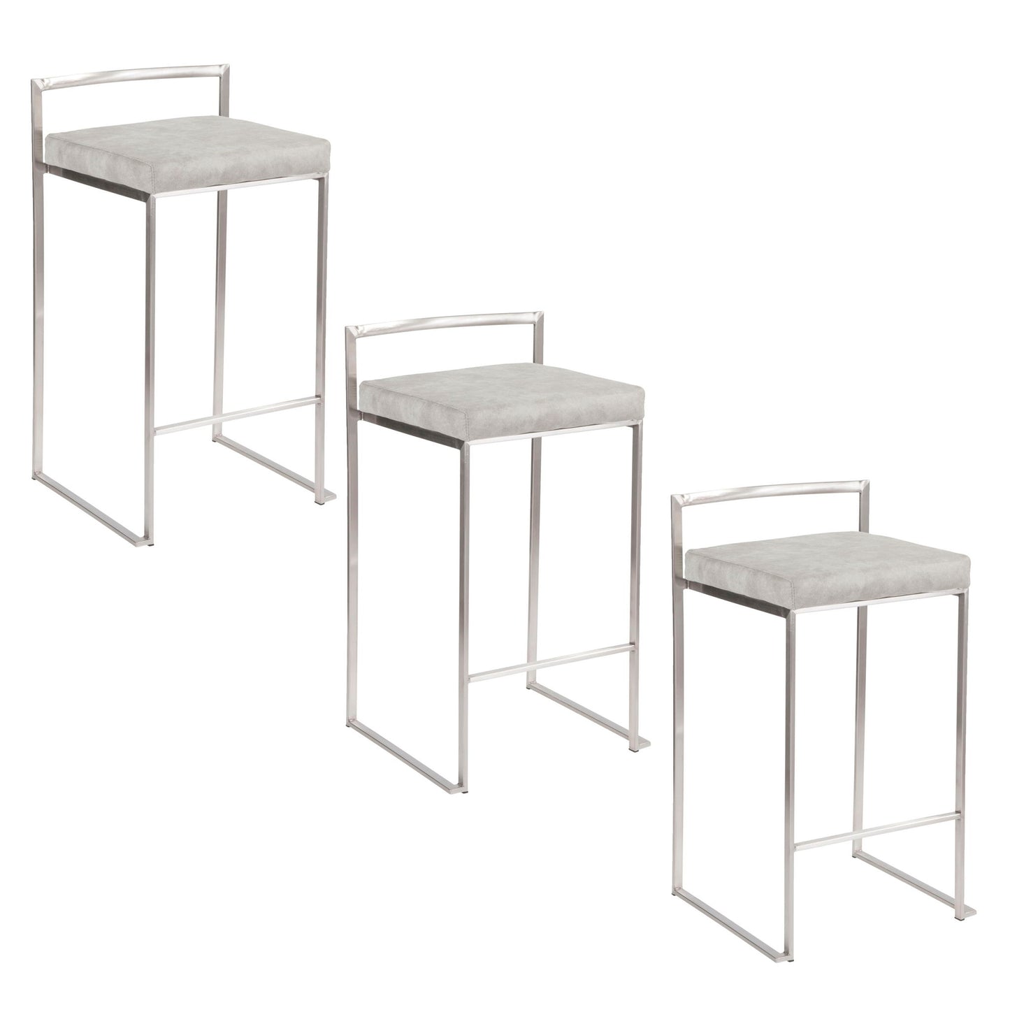 Three Fuji Elegant Design Contemporary Stackable Counter Stools with light gray cushioned seats and sleek silver metal frames are arranged in a staggered, descending order from left to right on a white background.