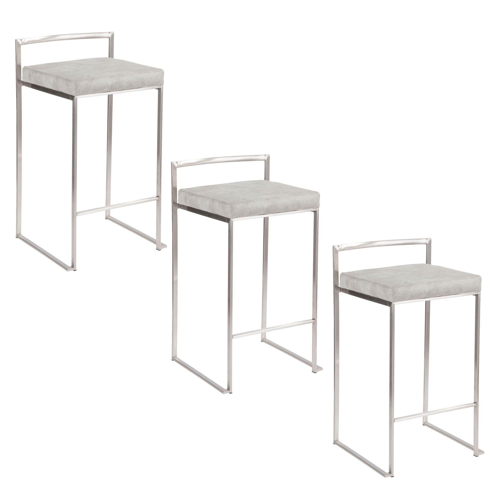 Three Fuji Elegant Design Contemporary Stackable Counter Stools with light gray cushioned seats and sleek silver metal frames are arranged in a staggered, descending order from left to right on a white background.