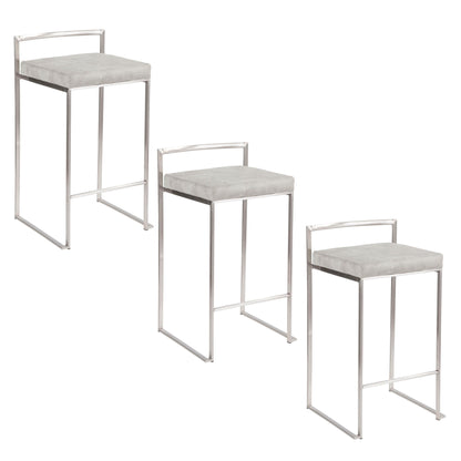 Three Fuji Elegant Design Contemporary Stackable Counter Stools with light gray cushioned seats and sleek silver metal frames are arranged in a staggered, descending order from left to right on a white background.