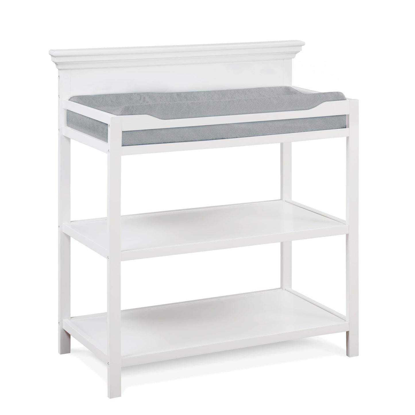 The Universal - Changing Table features a white wooden frame, two open shelves for storage, and a grey cushioned changing pad on top.