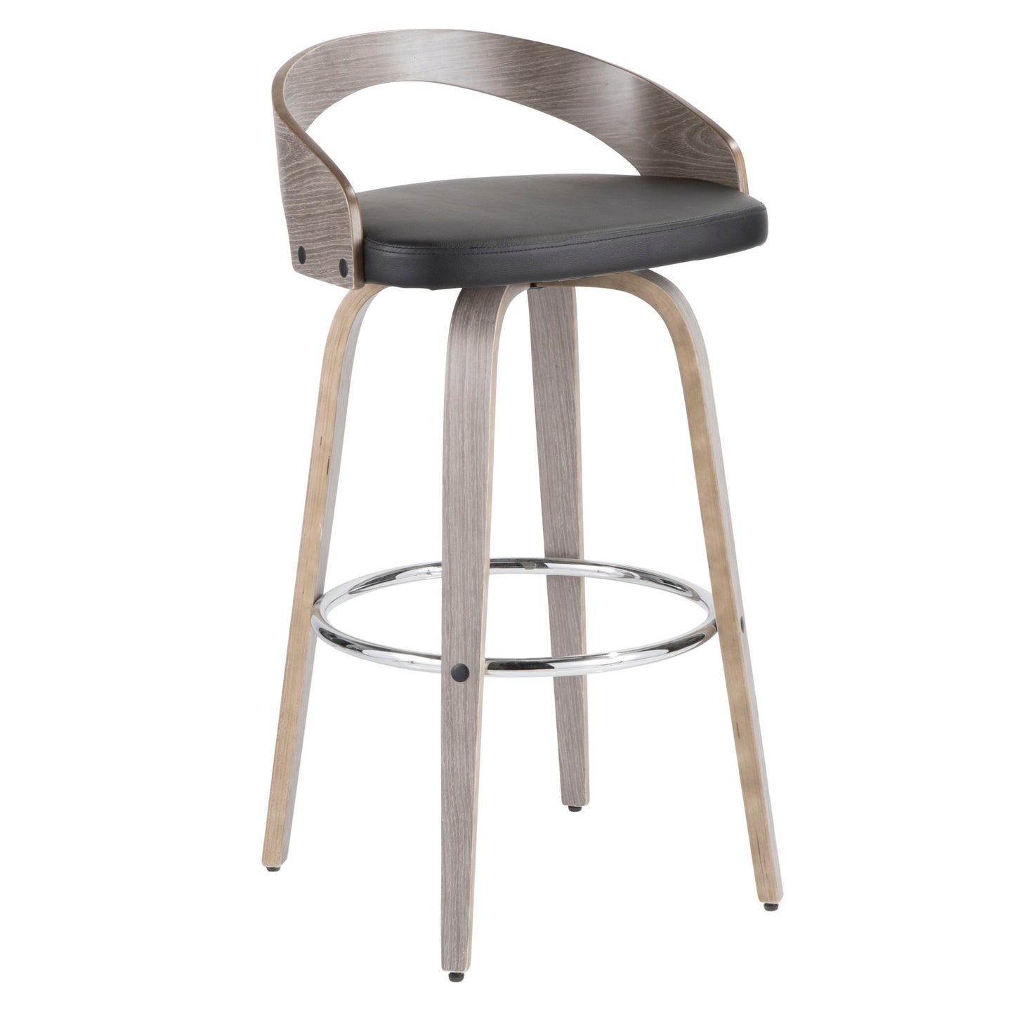 The Grotto Mid-Century Modern Stool (Set of 2) features light wood legs, a curved backrest, black cushioned seat, and a circular chrome footrest.