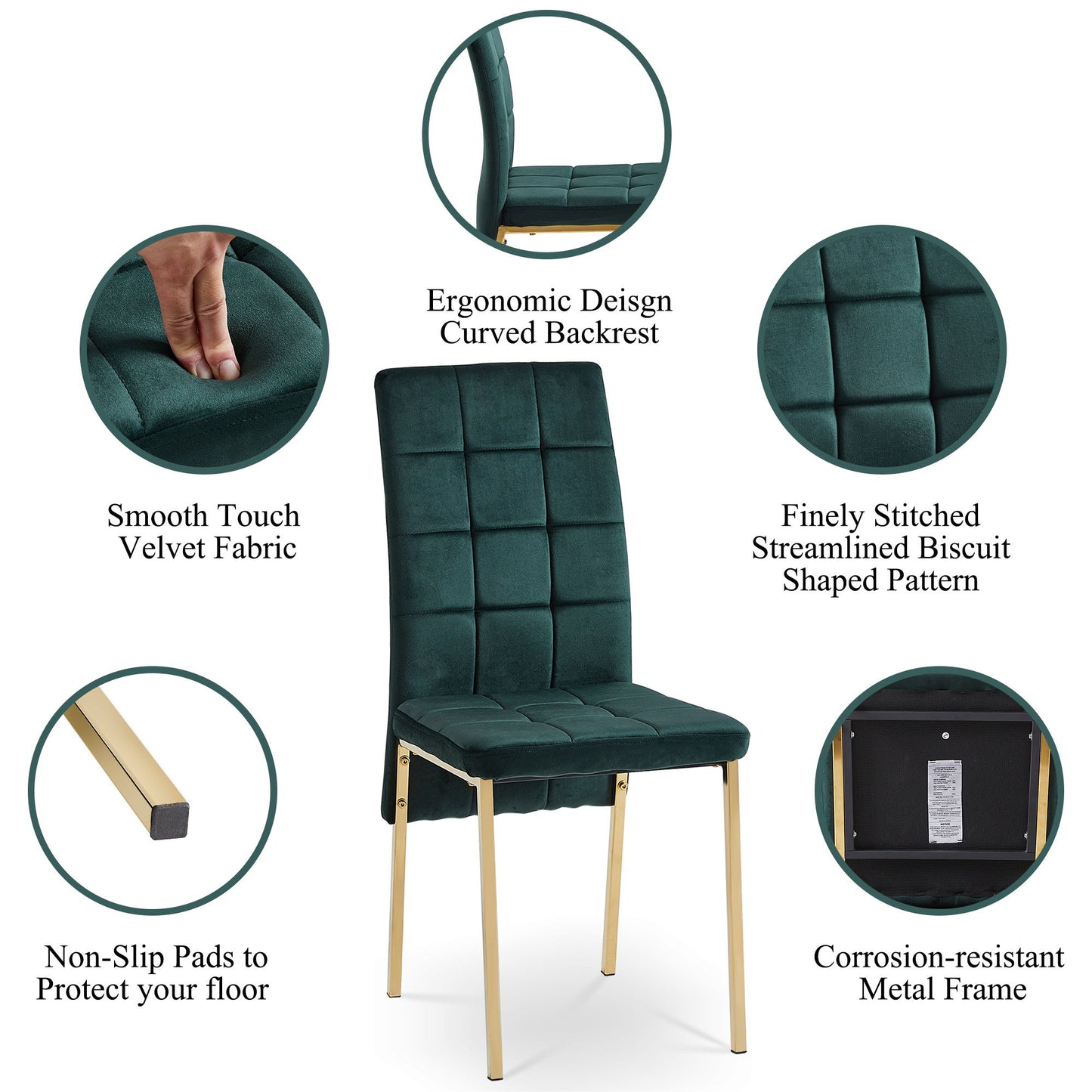 The Velvet High Back Nordic Dining Chair features a modern design with dark green velvet, golden color legs, a curved backrest, stitched pattern, non-slip pads, and a corrosion-resistant frame. Close-ups highlight its stylish velvet fabric and details.