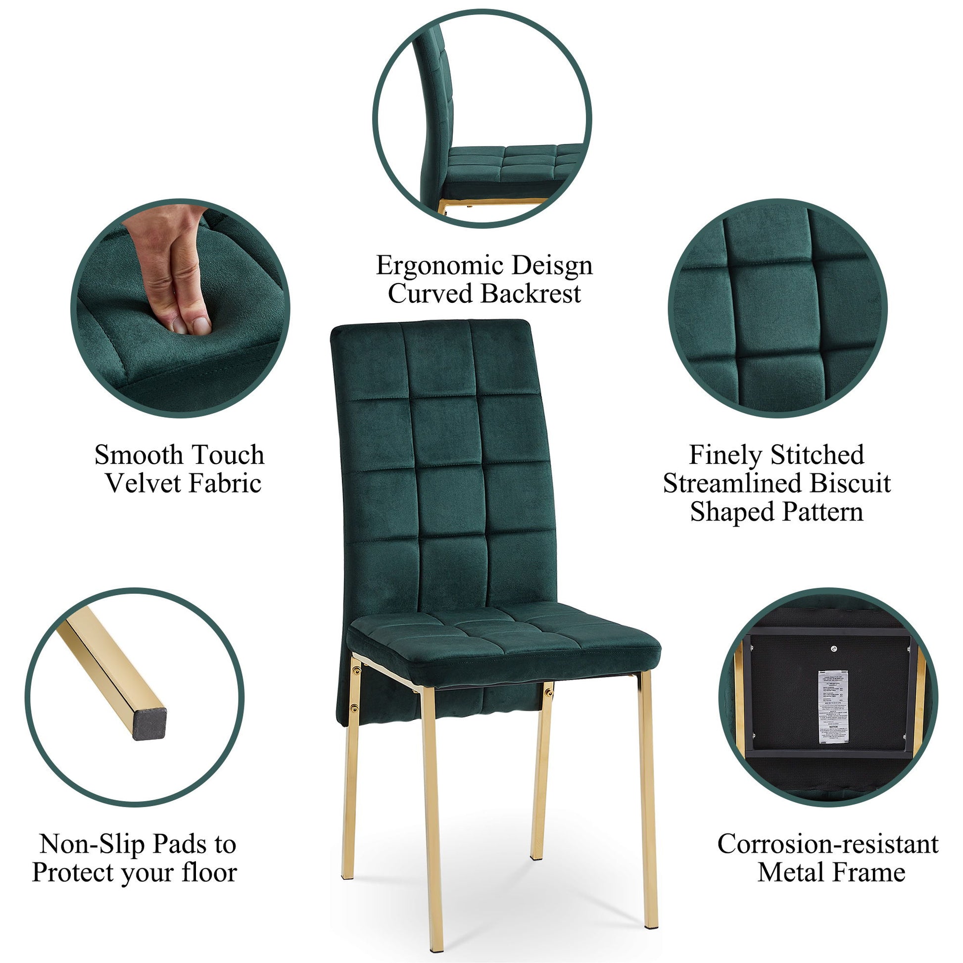 The Velvet High Back Nordic Dining Chair features a modern design with dark green velvet, golden color legs, a curved backrest, stitched pattern, non-slip pads, and a corrosion-resistant frame. Close-ups highlight its stylish velvet fabric and details.