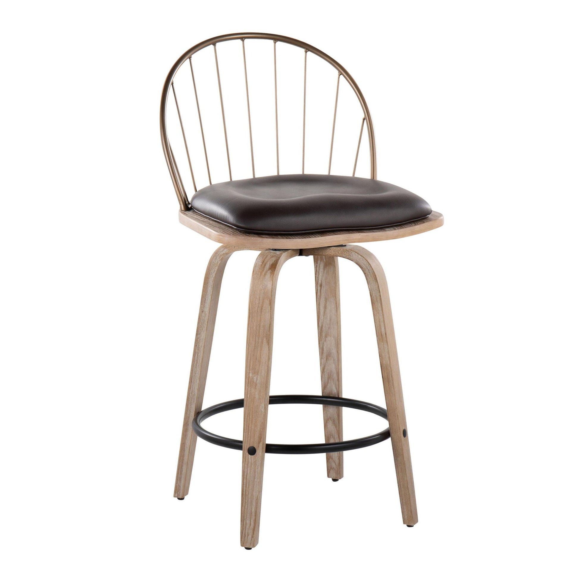 The Riley Farmhouse Counter Stool set features a white washed and antique copper finish, curved metal backrest, removable brown cushion on a round seat, and four angled legs with a circular footrest. Set of 2.