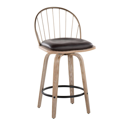 The Riley Farmhouse Counter Stool set features a white washed and antique copper finish, curved metal backrest, removable brown cushion on a round seat, and four angled legs with a circular footrest. Set of 2.