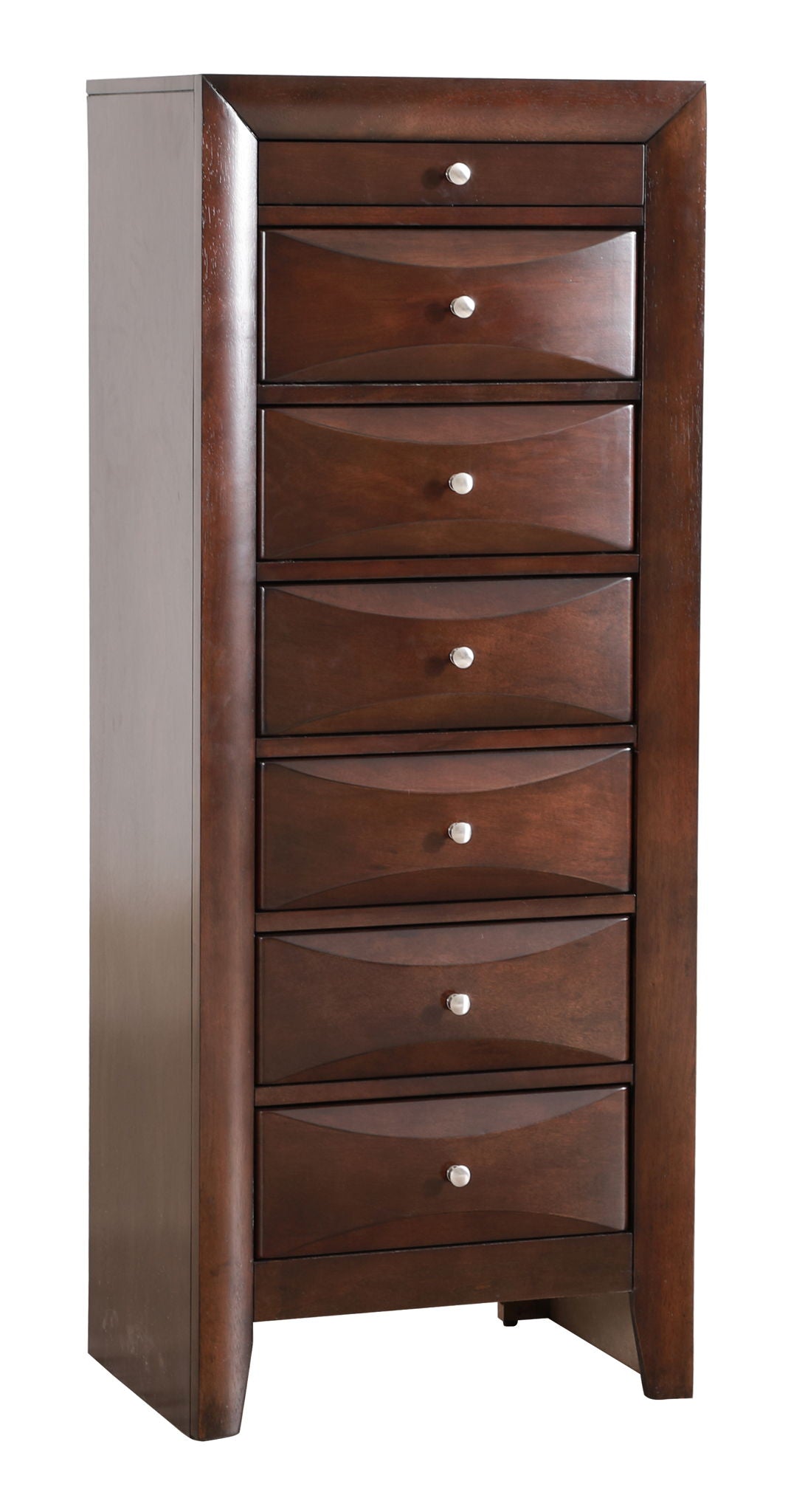 The Marilla 7 Drawer Lingerie Chest is a tall, dark brown wooden chest with seven drawers, each with a small round silver knob and subtly curved fronts. It stands on short legs for a stylish look.