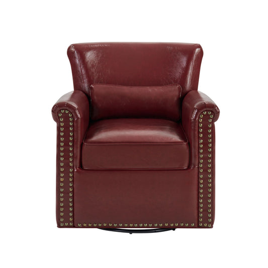 Swivel Accent Chair With Rolled Arm, Sewn Pillow Back, Nailhead Trim For Living Room