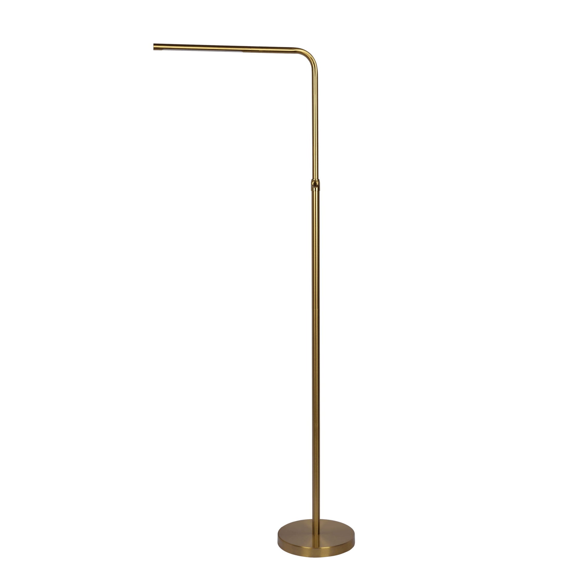 The Verve Floor Lamp in gold features a slim, straight pole, an adjustable horizontal LED arm, and a round base with an on/off switch for modern style.