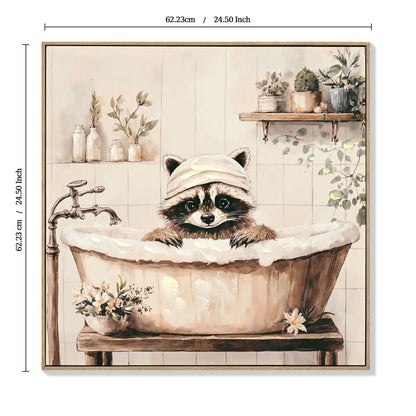 Raccoon Bathroom Canvas Wall Art, Funny Animal, Framed - Black / Ivory