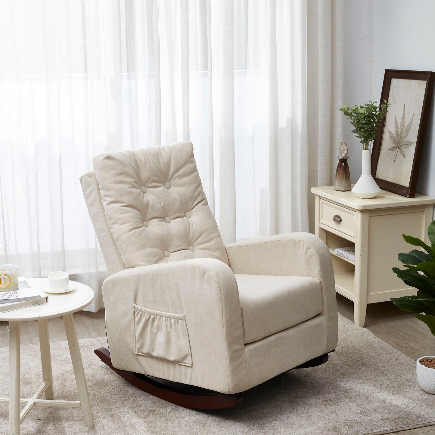 A Single Sofa Reclining Japanese Chair Lazy Sofa Tatami Balcony Adjustable Chair sits on a light rug near a small white table and cream nightstand with decor, in a bright room with sheer curtains and a potted plant.