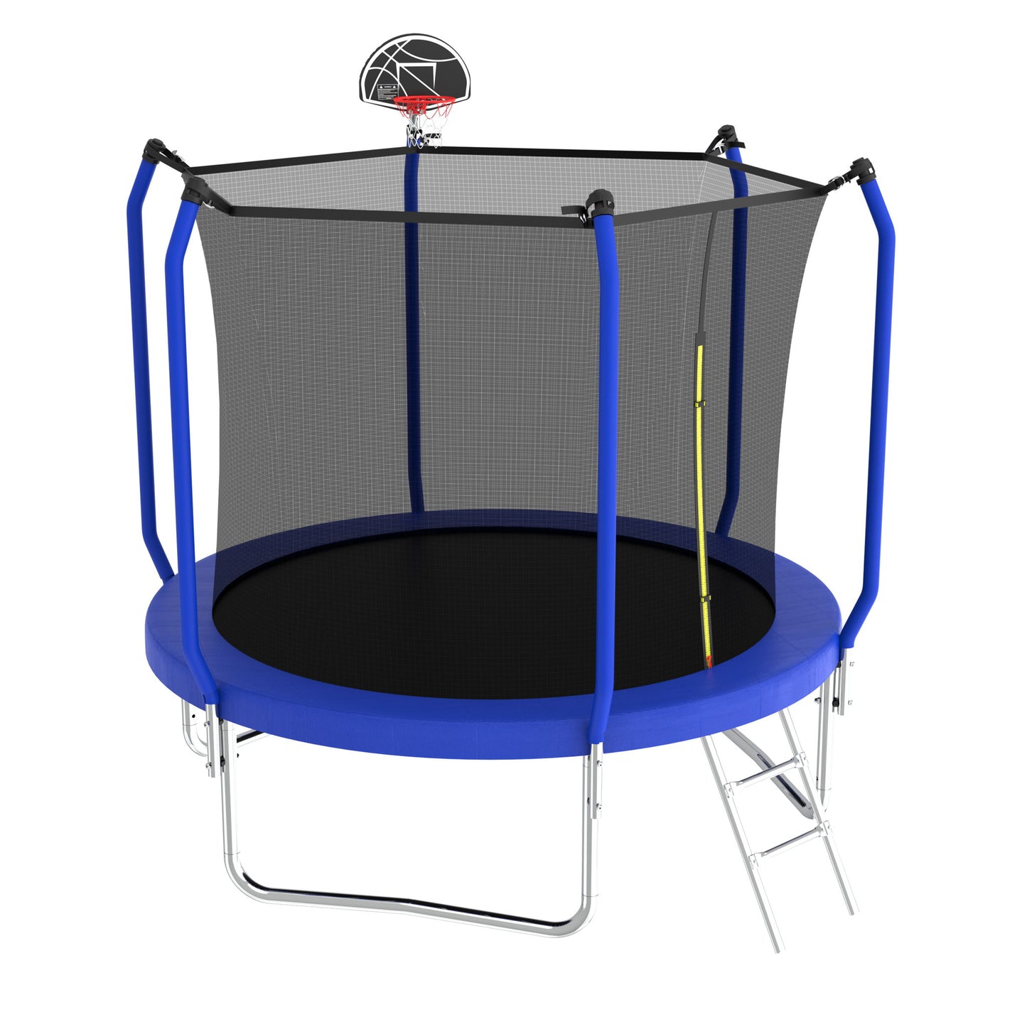 The Trampoline With Basketball Hoop is an ASTM approved outdoor trampoline featuring blue padding, an enclosure net, a small metal ladder, and a basketball hoop attached to the frame.