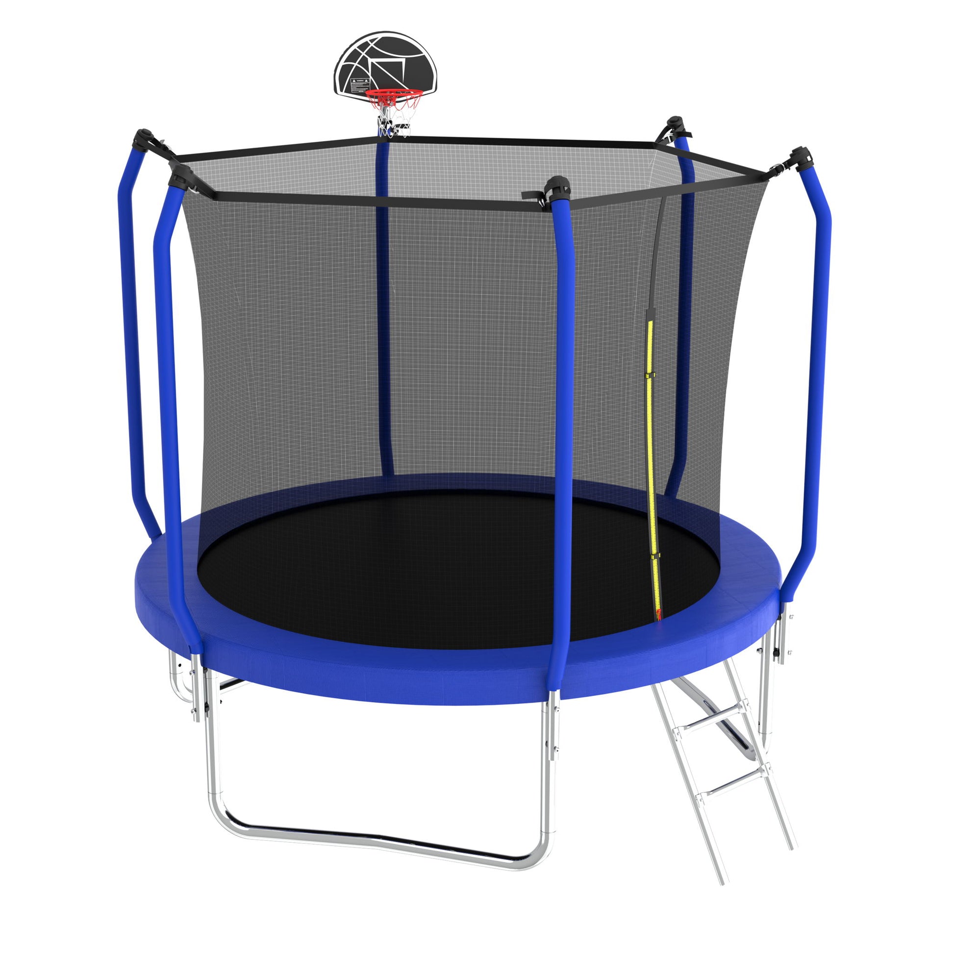 The Trampoline With Basketball Hoop is an ASTM approved outdoor trampoline featuring blue padding, an enclosure net, a small metal ladder, and a basketball hoop attached to the frame.