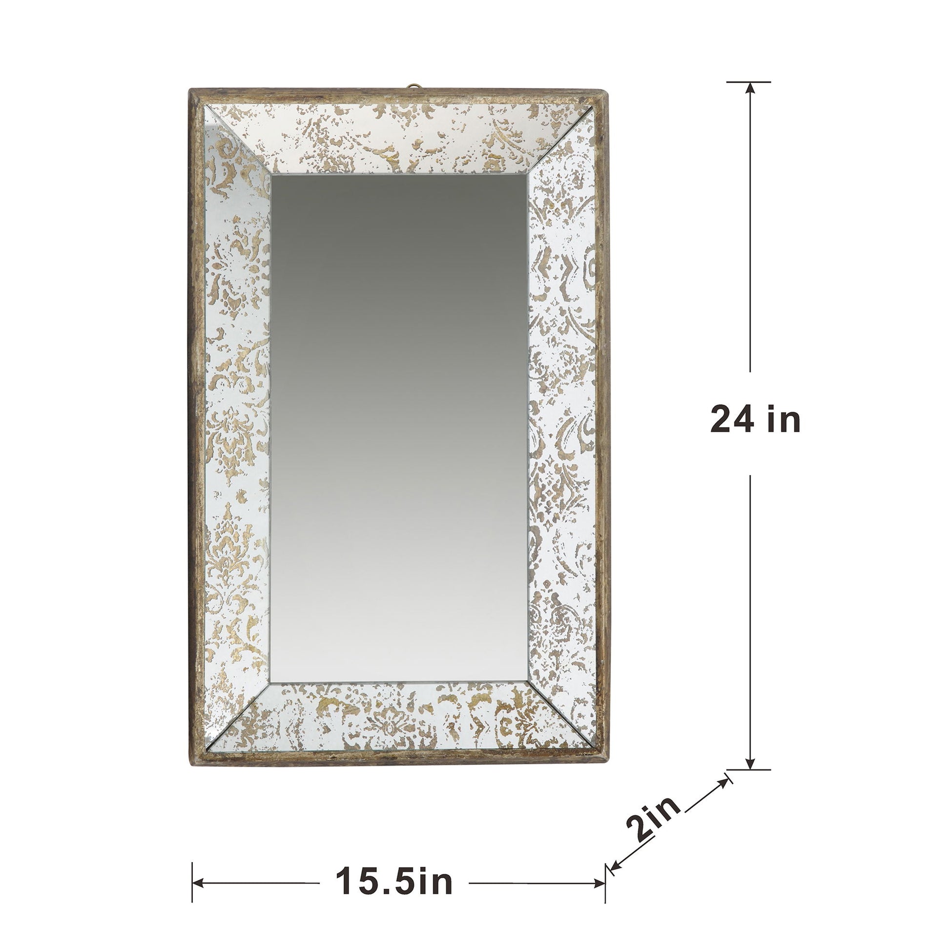 The Antique Rectangle Mirror With Floral Accents is a hanging wall mirror and mirrored display tray with a decorative gold and white frame, measuring 24" tall, 15.5" wide, and 2" deep.