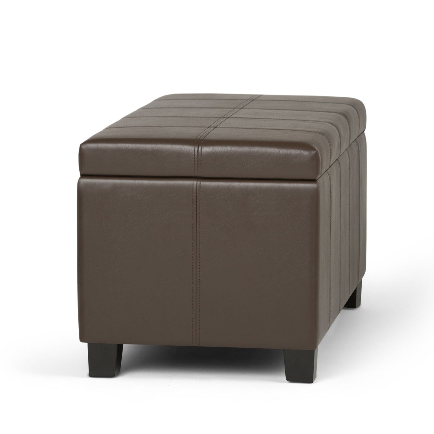 The Dover Upholstered Storage Ottoman Bench features a rectangular brown leather design with stitched detailing and short black legs, shown against a white background.