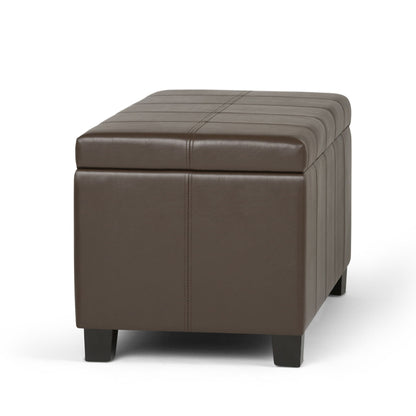 The Dover Upholstered Storage Ottoman Bench features a rectangular brown leather design with stitched detailing and short black legs, shown against a white background.