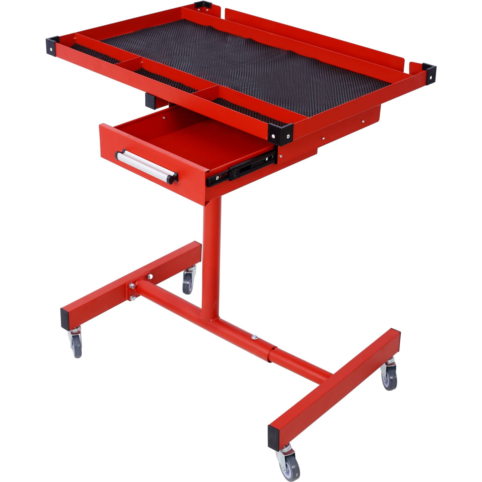 The Adjustable Tear Down Work Table features a rectangular tray with black textured lining and raised edges, a pull-out drawer, four 2.5” swivel casters for mobility, rubber corners, heavy-duty steel build, and supports up to 220 lbs—ideal for garages or repair shops.
