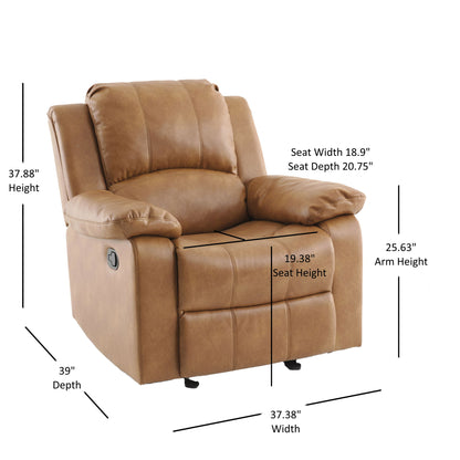 The Charlotte Glider Recliner With Classic Style features brown leather and labeled dimensions: 37.88" H x 39" D x 37.38" W; seat: 18.9" W x 20.75" D x 19.38" H; arm height: 25.63".