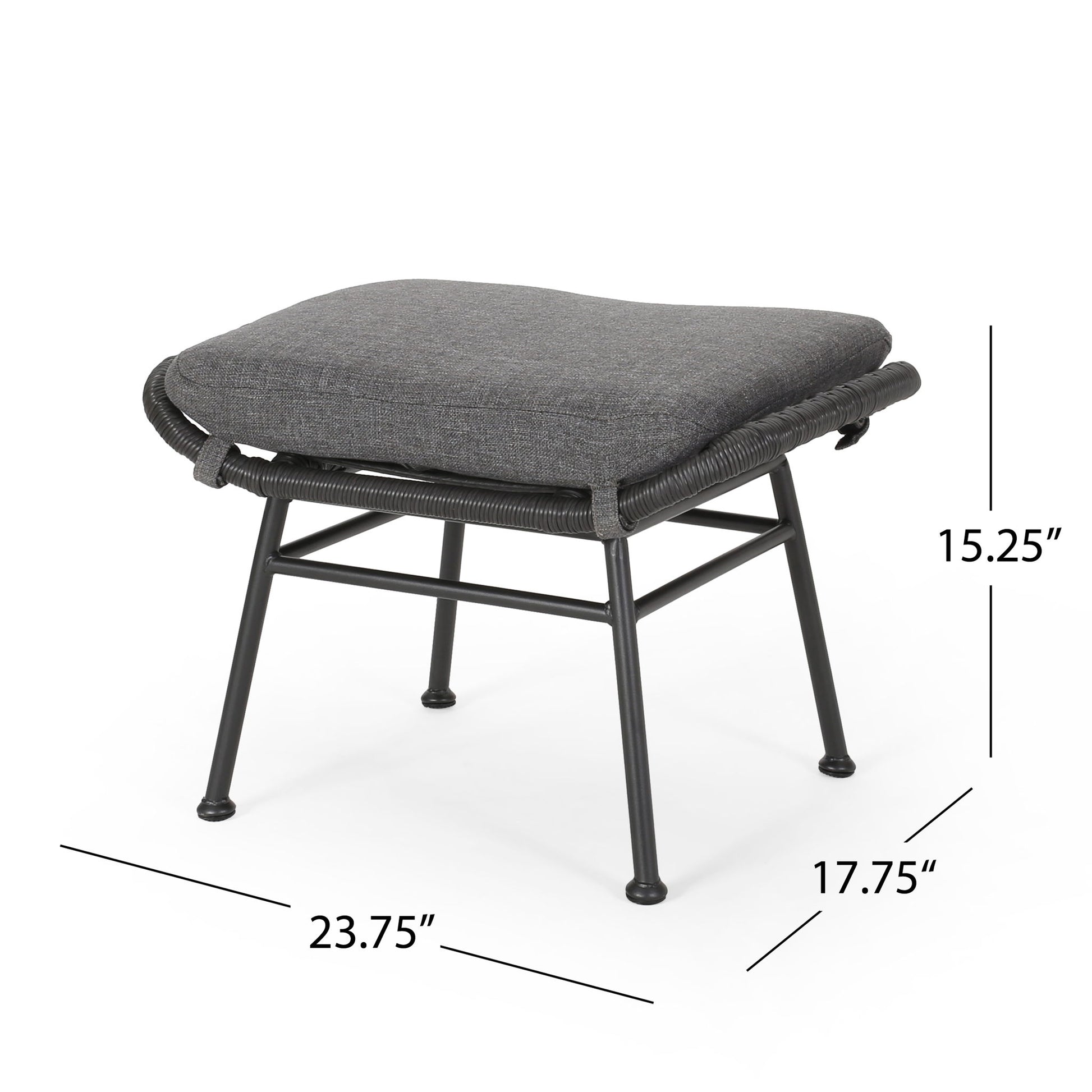 The Outdoor Modern Boho Wicker Ottoman With Cushions (Set of 2) features black metal frames, gray cushions, and measures 23.75"W x 17.75"D x 15.25"H.