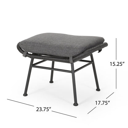 The Outdoor Modern Boho Wicker Ottoman With Cushions (Set of 2) features black metal frames, gray cushions, and measures 23.75"W x 17.75"D x 15.25"H.