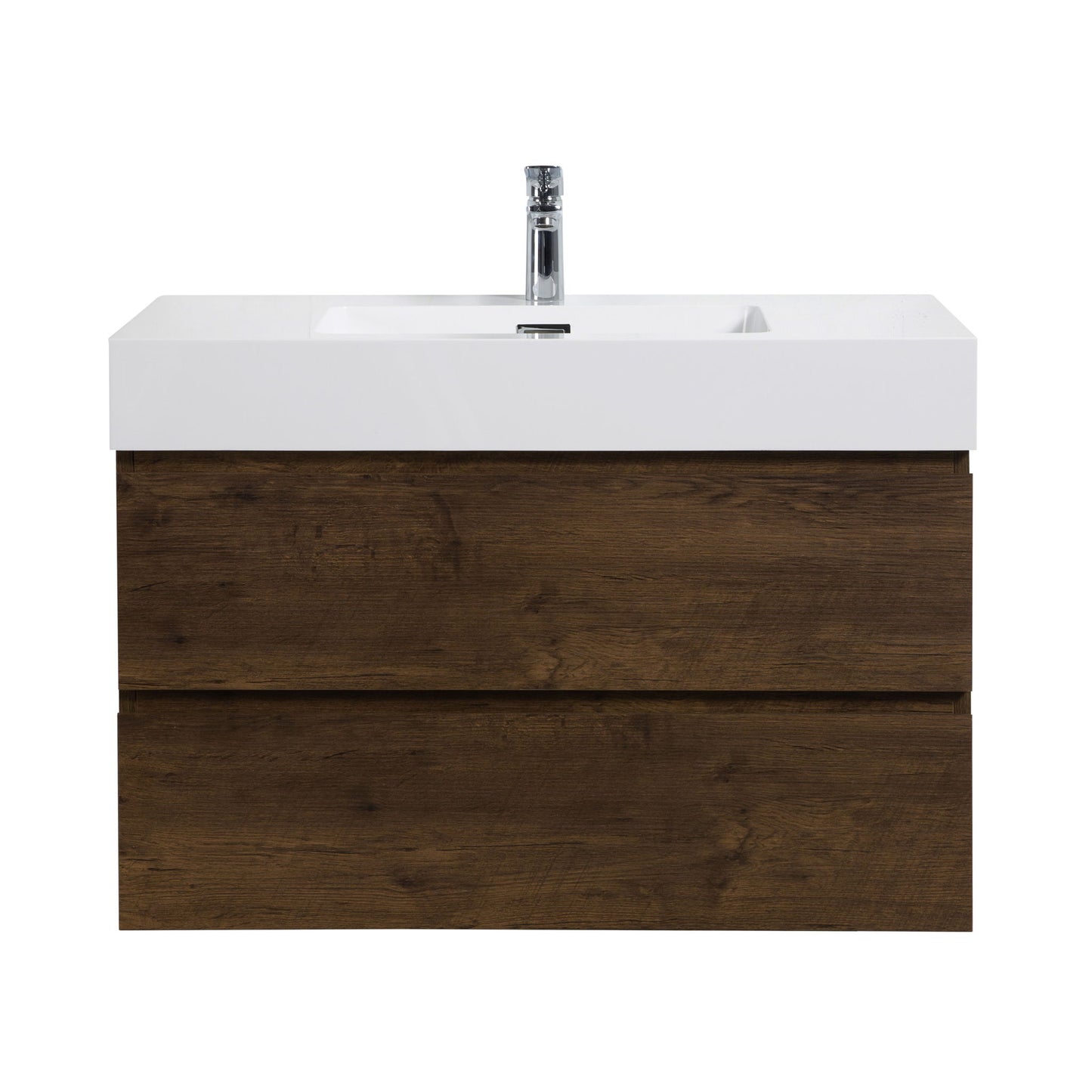 The Alice wall-mounted bathroom vanity features a modern one-piece rectangular sink basin (no drain or faucet included) and two spacious wooden drawers, offering large storage for contemporary bathrooms.