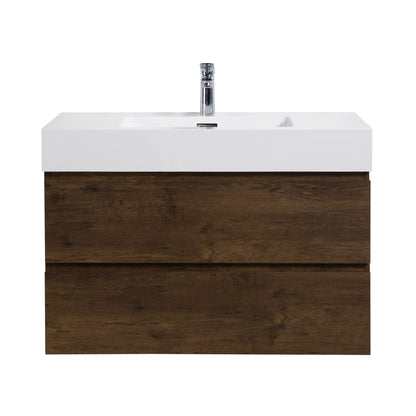 The Alice wall-mounted bathroom vanity features a modern one-piece rectangular sink basin (no drain or faucet included) and two spacious wooden drawers, offering large storage for contemporary bathrooms.