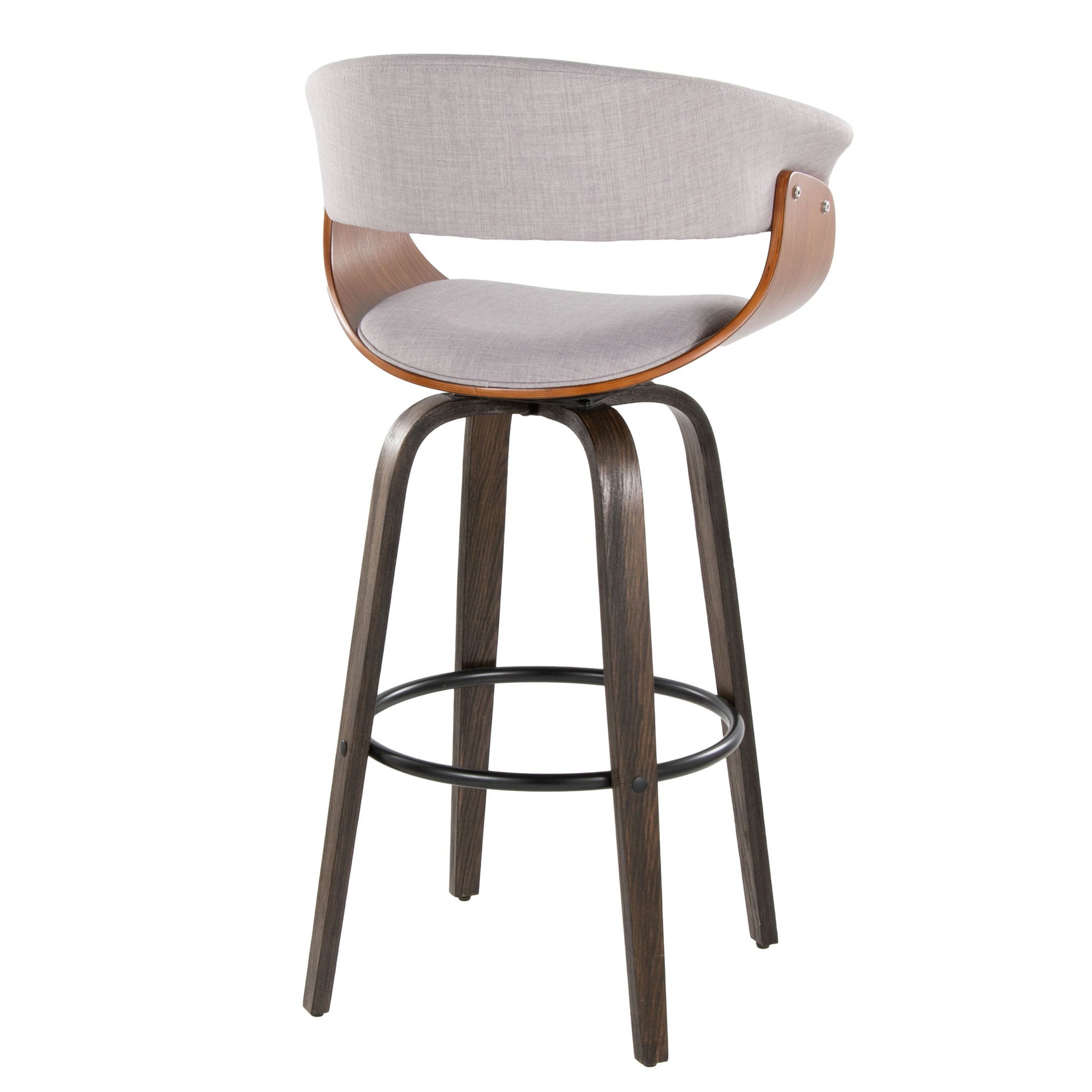 The Vintage Mod Barstool Set features mid-century modern design with a curved light gray upholstered seat, wooden backrest, dark wood legs, swivel function, and a round metal footrest. Set of 2.
