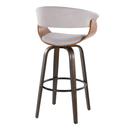 The Vintage Mod Barstool Set features mid-century modern design with a curved light gray upholstered seat, wooden backrest, dark wood legs, swivel function, and a round metal footrest. Set of 2.