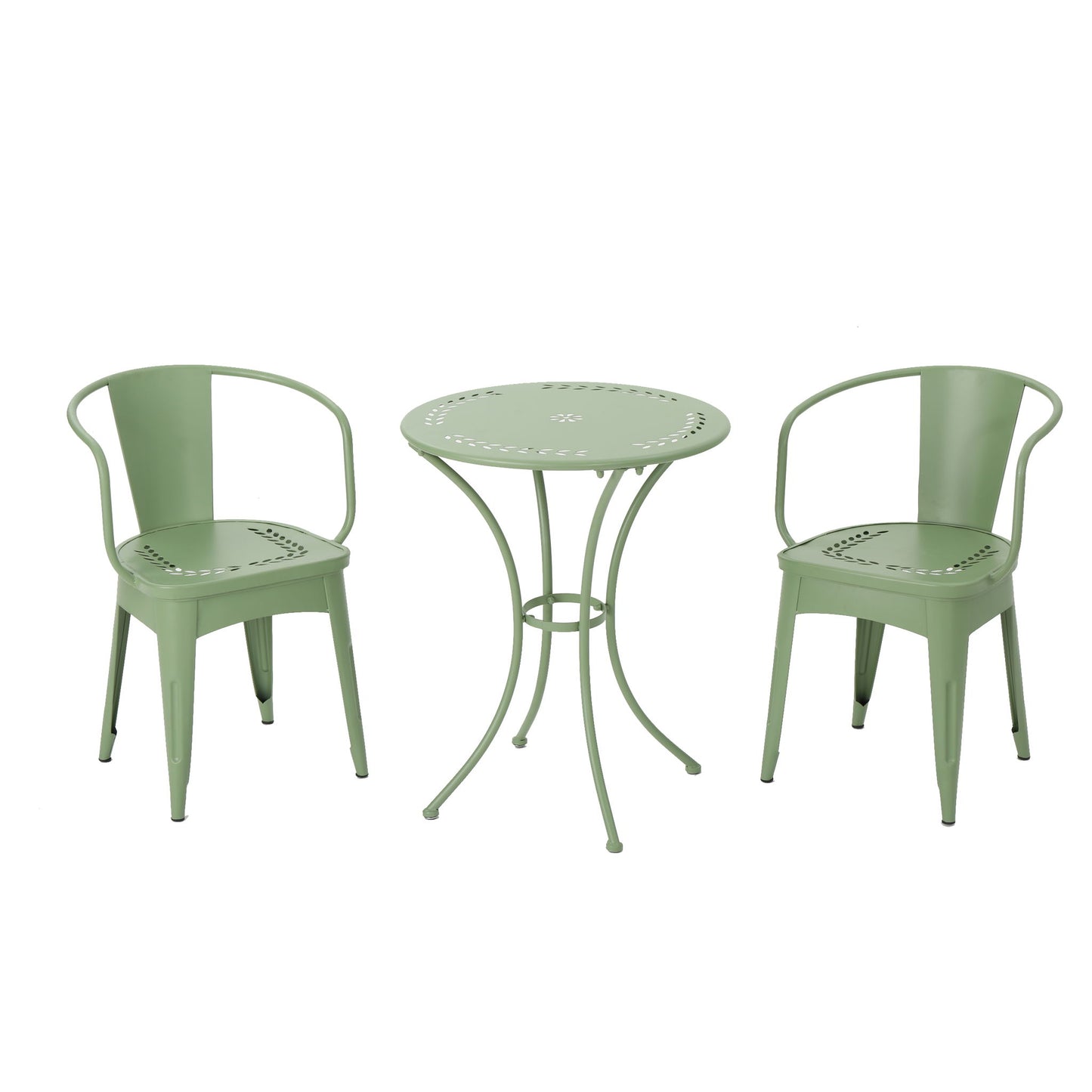 The Ambrosia 3 Piece Bistro Set includes a green metal round table and two matching chairs, all featuring simple leaf motif perforations on the seats and tabletop.