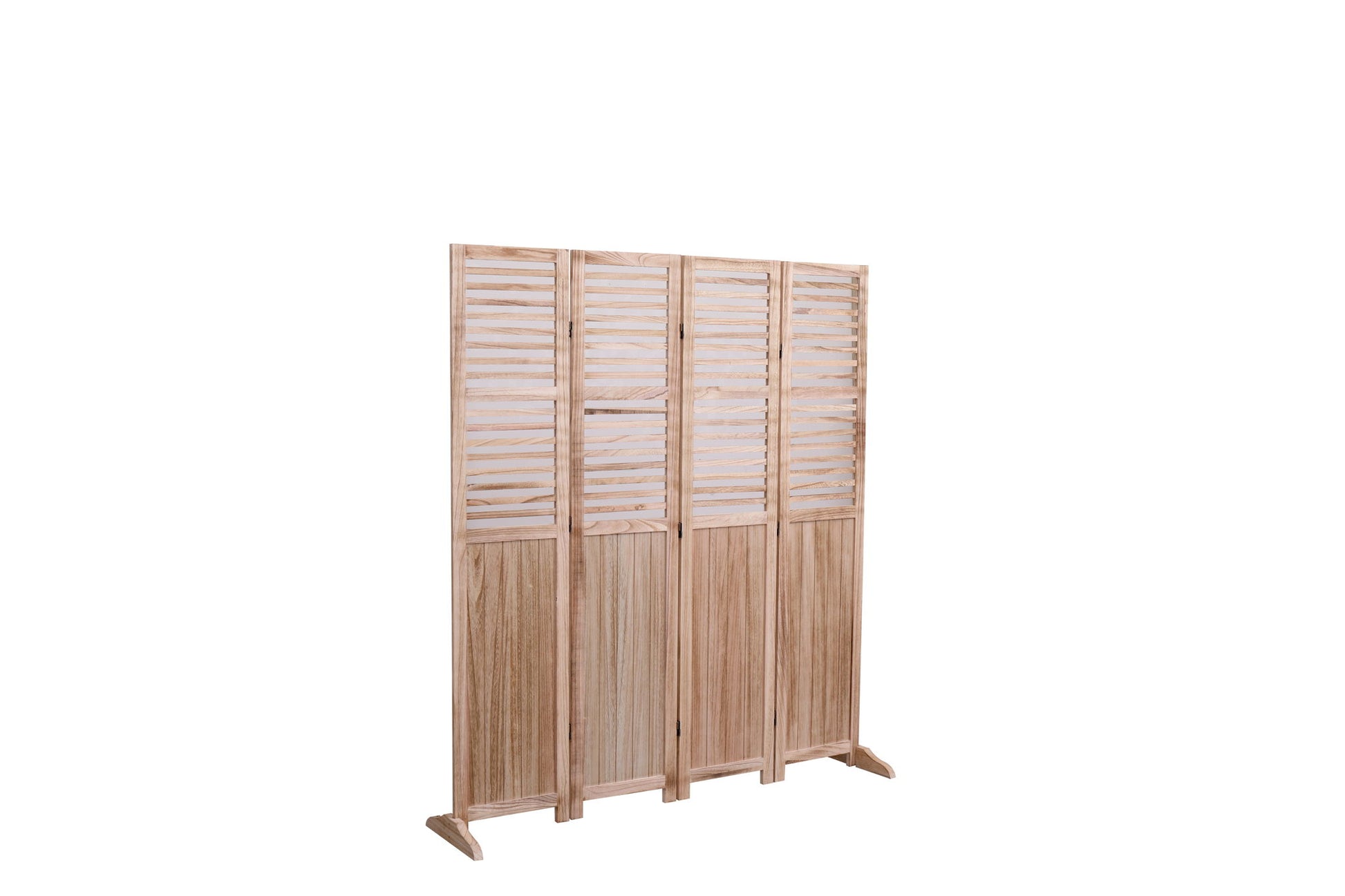 The Expertly Designed Panel Folding Room Divider is a light wood screen with four panels. Its upper sections feature horizontal slats, while the lower sections are solid wood. It stands securely on two wide, angled feet.