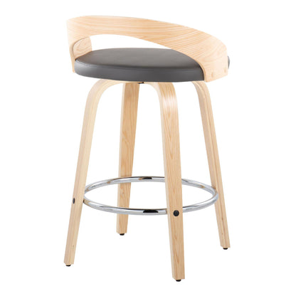 The Grotto Contemporary Fixed Height Counter Stool Set features swivel seats, a curved backrest, light wooden legs, a round black cushion, and a circular chrome footrest. Set of 2.