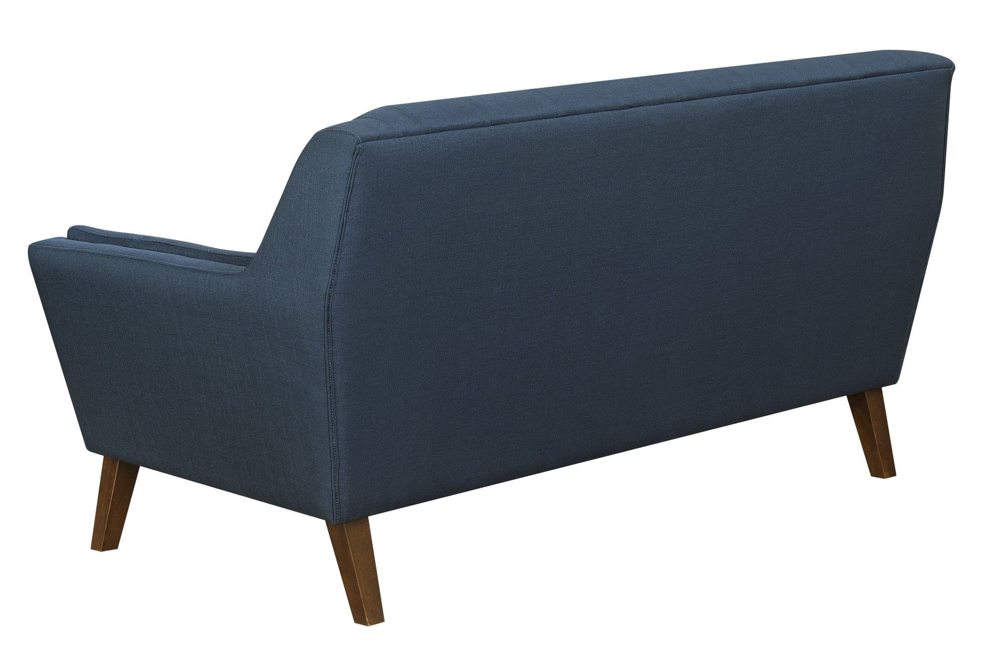 The Browning Loveseat features a sleek, modern design with blue upholstery and a high backrest. Its angled wooden legs offer a mid-century modern look, showcased beautifully from the back.