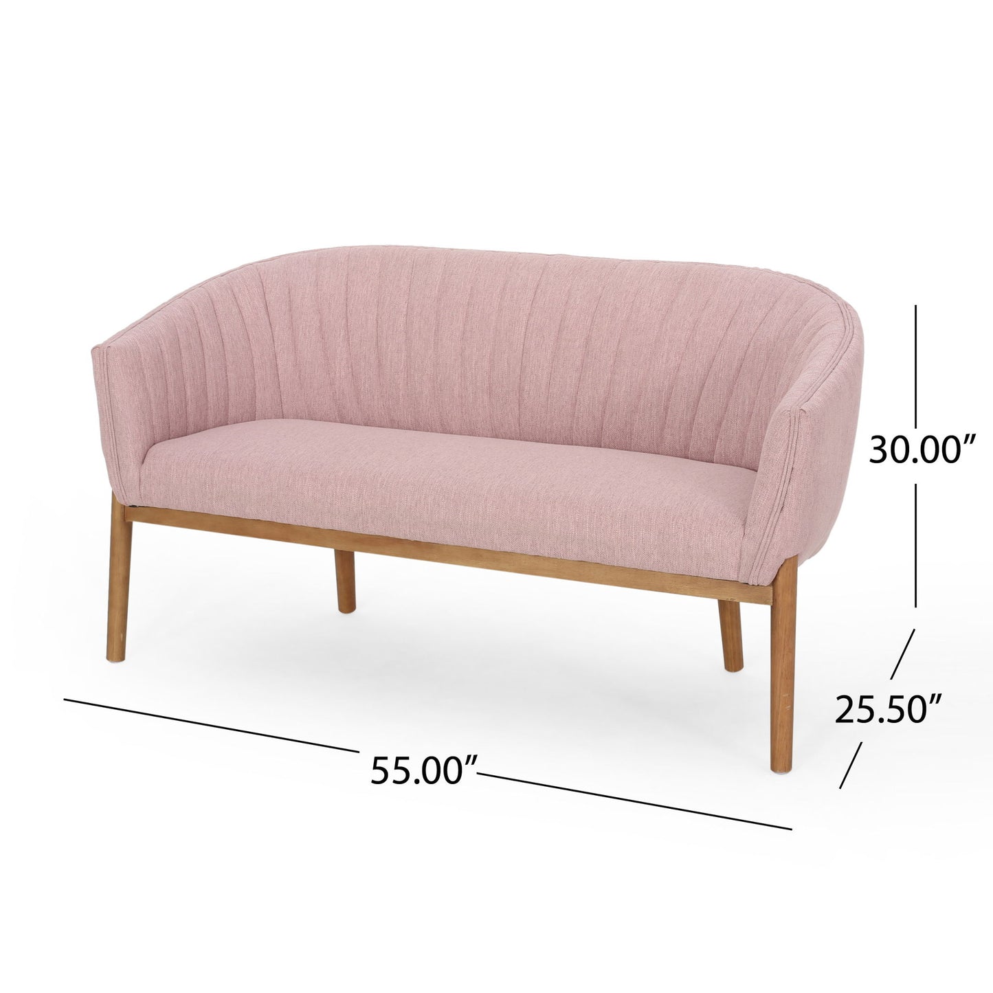 The Mid Century Modern Loveseat With Channel Stitched Backrest features pink upholstery, wooden legs, a curved back, and horizontal channel stitching. Dimensions: 55" W x 30" H x 25.5" D.
