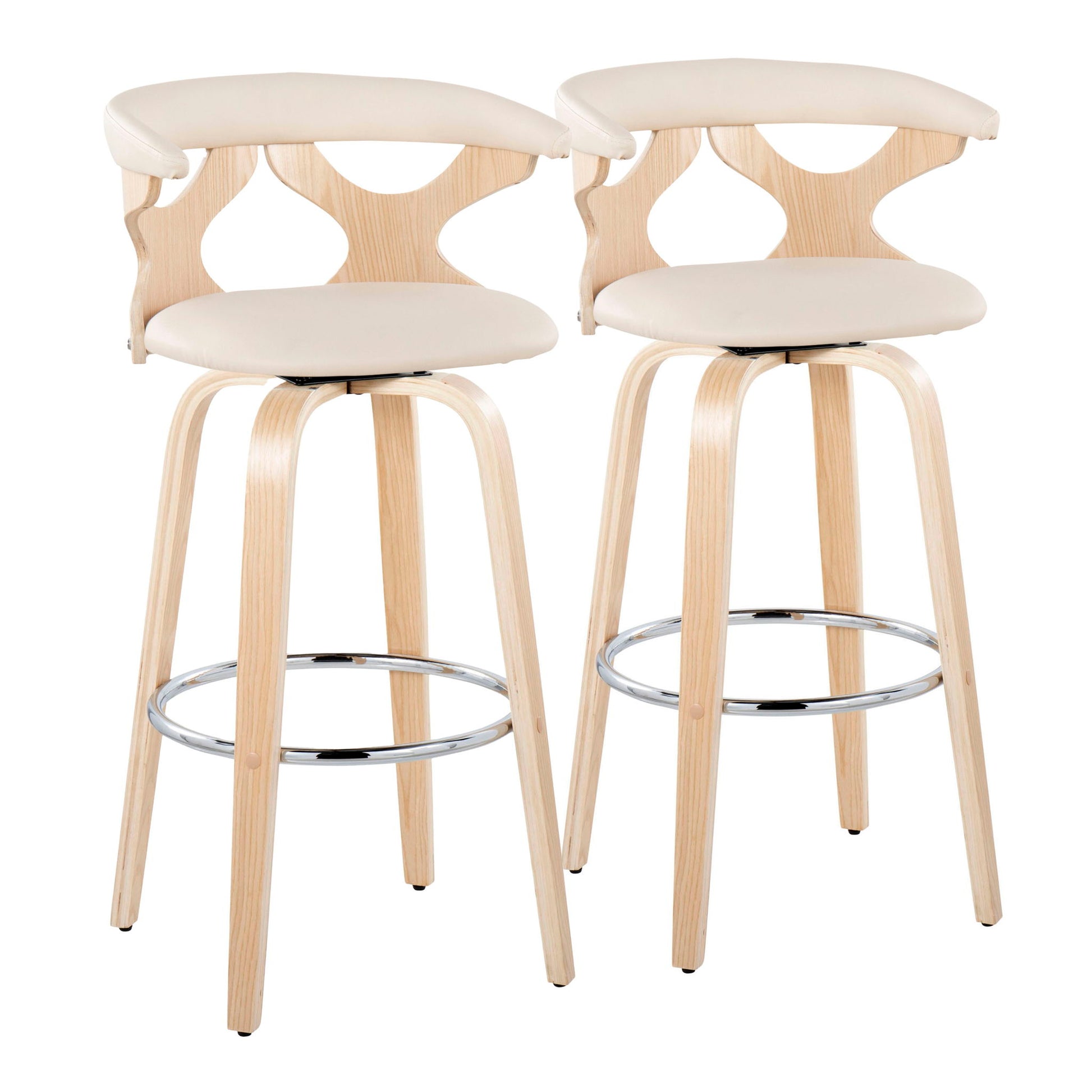 The Gardenia set includes two contemporary fixed-height barstools with swivel, light wood legs, cream cushioned seats and backs, round chrome footrests, and unique cut-out backrest designs.
