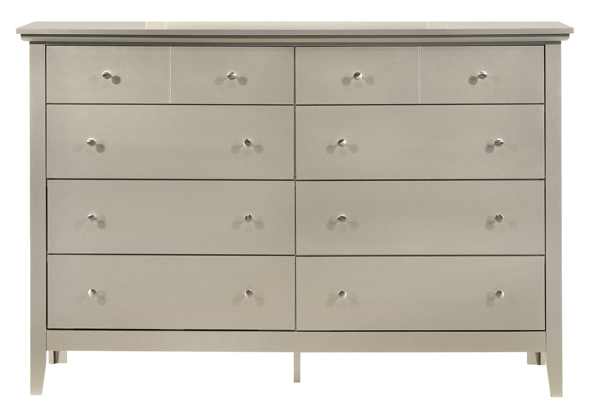 The Elegant Casual Dresser For Any Room is a silver dresser with nine drawers, each with a round knob handle, shown against a plain white background.