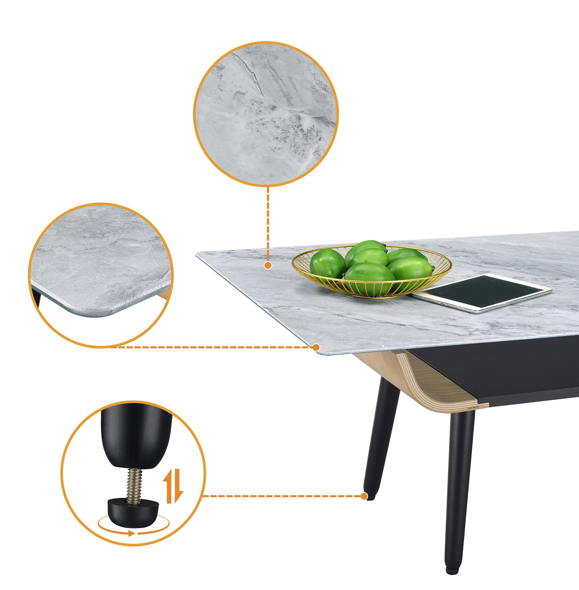 The Landon Coffee Table features a glass marble texture top, bent wood design, black legs, and a bowl of green fruit. Insets highlight its rounded corner, realistic marble texture, and an adjustable leveling foot on one leg.