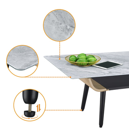 The Landon Coffee Table features a glass marble texture top, bent wood design, black legs, and a bowl of green fruit. Insets highlight its rounded corner, realistic marble texture, and an adjustable leveling foot on one leg.