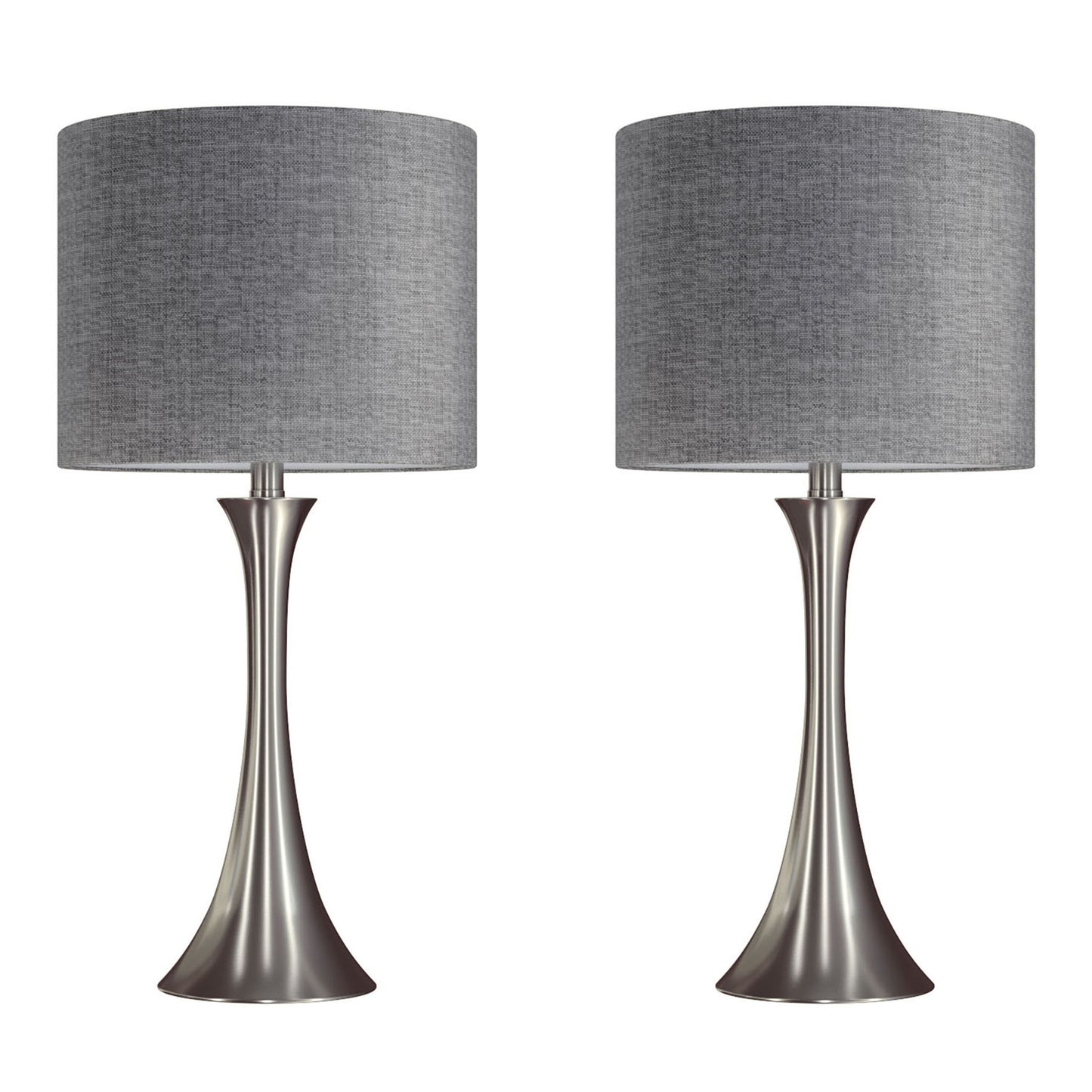 A set of two Lenuxe Contemporary Semi Gloss Table Lamps with cylindrical gray fabric shades and brushed metal bases, displayed side by side against a white background.