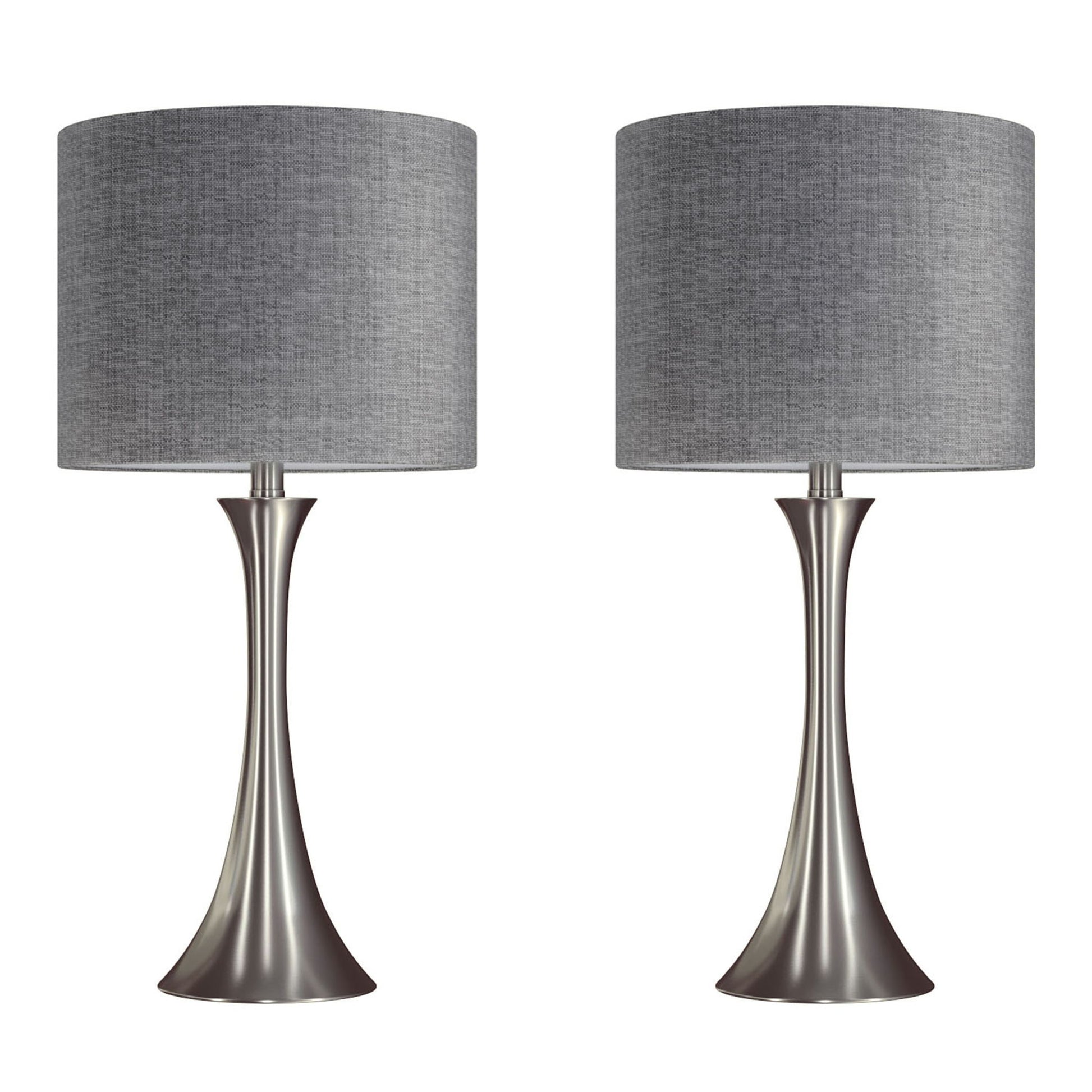 A set of two Lenuxe Contemporary Semi Gloss Table Lamps with cylindrical gray fabric shades and brushed metal bases, displayed side by side against a white background.