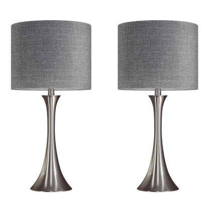 A set of two Lenuxe Contemporary Semi Gloss Table Lamps with cylindrical gray fabric shades and brushed metal bases, displayed side by side against a white background.