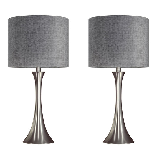 A set of two Lenuxe Contemporary Semi Gloss Table Lamps with cylindrical gray fabric shades and brushed metal bases, displayed side by side against a white background.