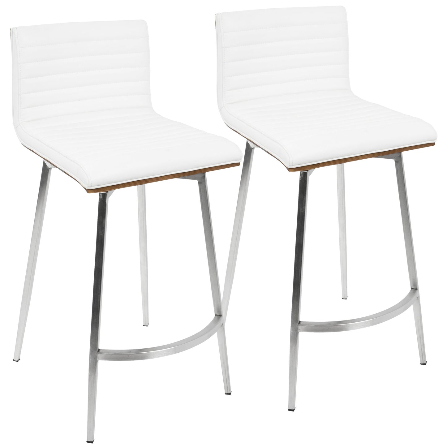 The Mason - Contemporary Swivel Counter Stool (Set of 2) features modern white cushioned seats and backs with horizontal stitching, plus sleek metal legs and a built-in footrest.