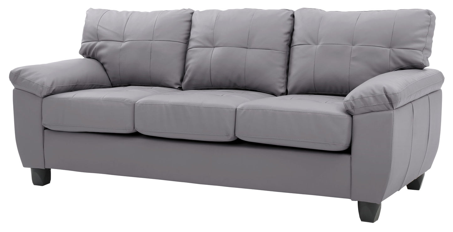 The Comfortable Sofa is a modern three-seater in gray leather, featuring plush tufted cushions, wide armrests, and short dark wooden legs, displayed against a white background.