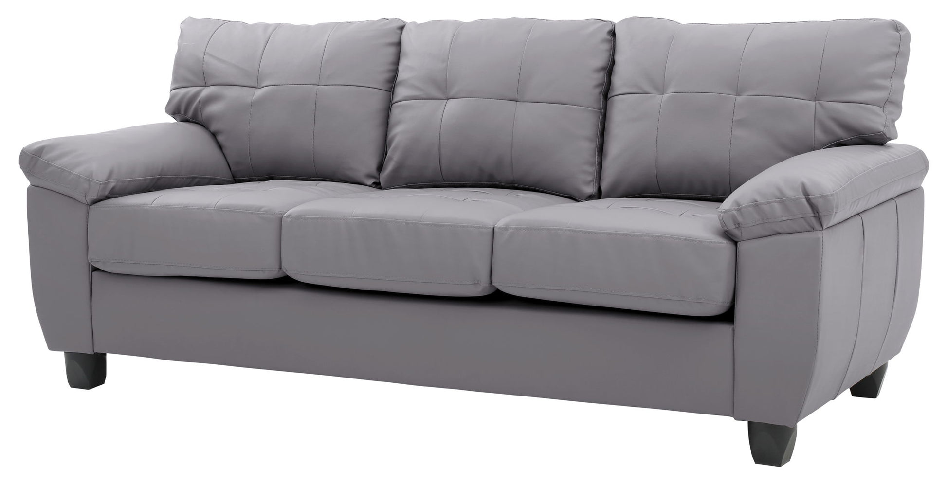 The Comfortable Sofa is a modern three-seater in gray leather, featuring plush tufted cushions, wide armrests, and short dark wooden legs, displayed against a white background.