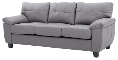 The Comfortable Sofa is a modern three-seater in gray leather, featuring plush tufted cushions, wide armrests, and short dark wooden legs, displayed against a white background.