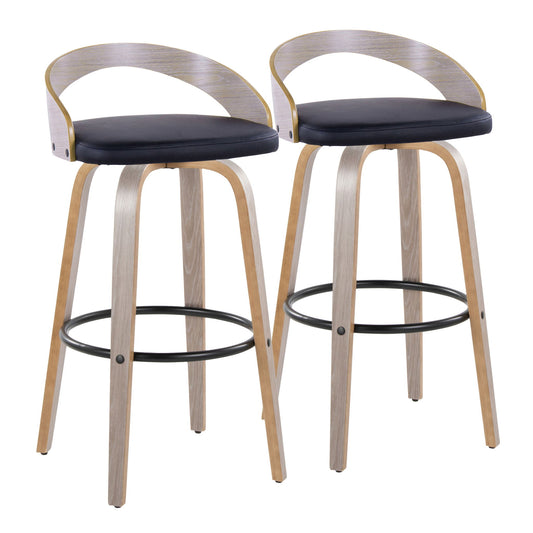 The Grotto Contemporary Fixed Height Barstool with Swivel features curved wooden backrests, cushioned black seats, light wood legs, and round black footrests. Sold as a set of 2 and shown side by side against a white background.