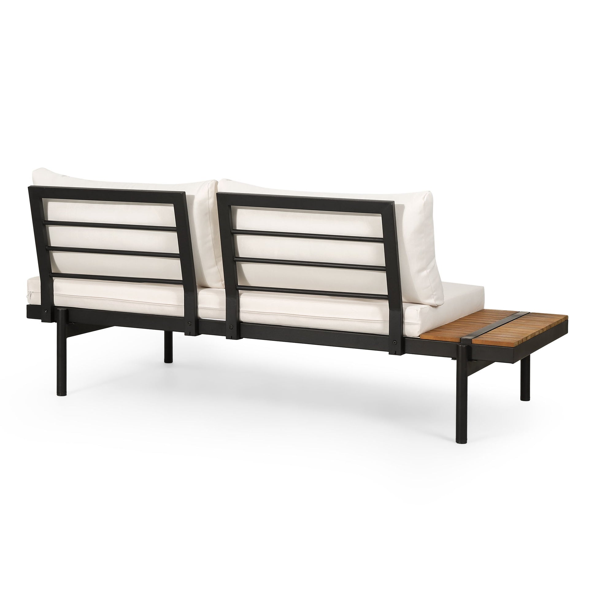 The Theo - 2 Seater Sofa features a black metal frame, white cushions, and a built-in wooden side table on the right end, shown from the back in this view.